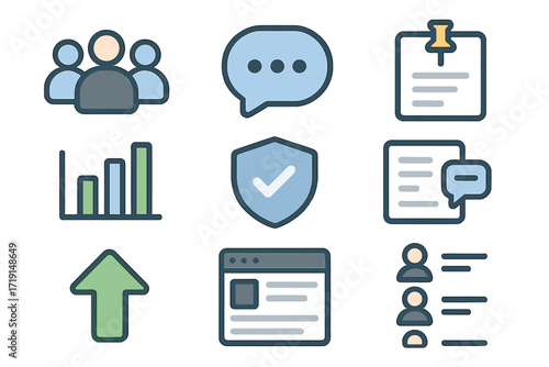 Online Community Icons. Flat icon set of online communities: group avatar, discussion bubble, pinned post,