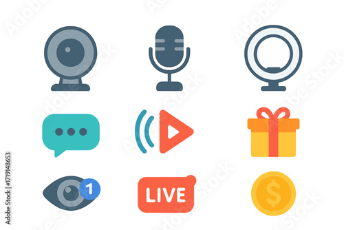 Live Streaming Icons. Flat icon set of live streaming: webcam, microphone, ring light, streaming logo, chat