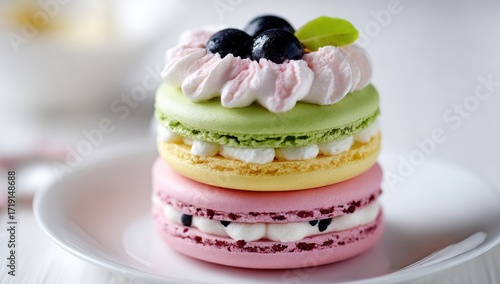 Wallpaper Mural Three-tiered macarons, pastel colors, topped with whipped cream and blueberries Torontodigital.ca