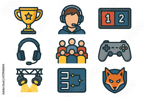 Esports Icon Set. Flat icon set of esports tournaments: trophy, gamer avatar, scoreboard, headset, crowd,