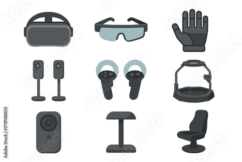 VR & AR Gaming Icons. Flat icon set of VR & AR gaming: VR headset, AR glasses, haptic gloves, motion sensors,