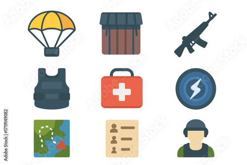 Battle Royale Icons. Flat icon set of battle royale: parachute, loot box, weapon icon, armor vest, health pack