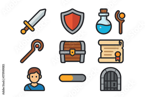 RPG Gaming Icon Set. Flat icon set of RPG gaming: sword, shield, potion, magic staff, treasure chest, quest