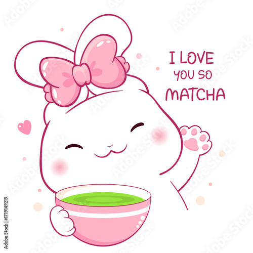 Kawaii bunny with matcha tea cup. Cute little rabbit and bowl of japanese green matcha tea. Inscription I love you so matcha. Vector illustration EPS8