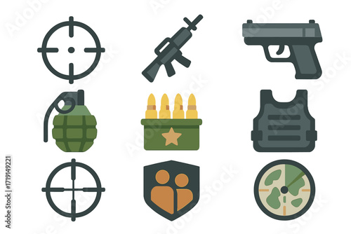 FPS Gaming Icons. Flat icon set of FPS gaming: crosshair, assault rifle, pistol, grenade, ammo box,