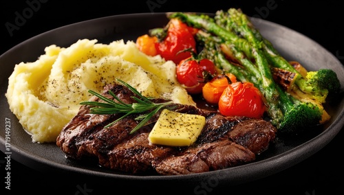 Gourmet steak dinner with mashed potatoes and roasted vegetables
