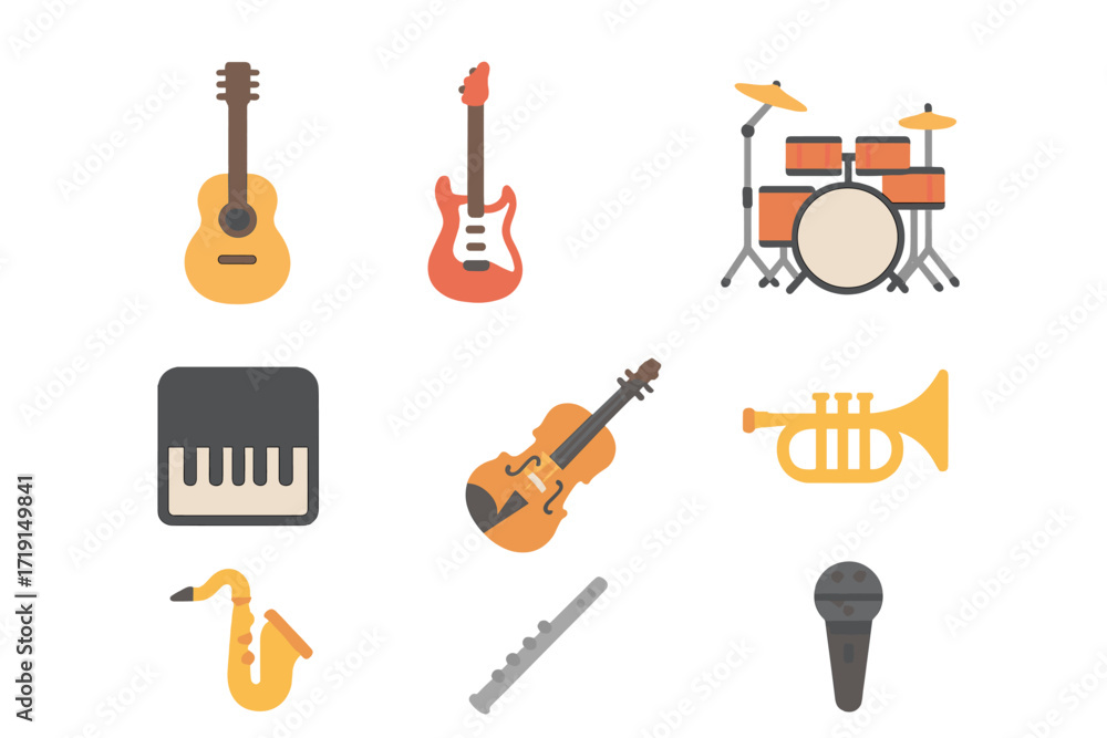 Musical Instrument Icons. Flat icon set of musical instruments: acoustic guitar, electric guitar, drum set, Musical Instrument Icons. Flat icon set of musical instruments: acoustic guitar, electric guitar, drum set,