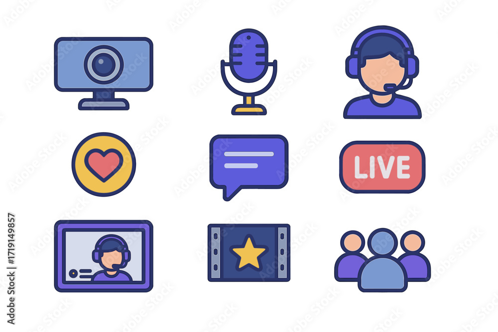 Fototapeta premium Esports Streaming Icons. Flat icon set of esports streaming: webcam, microphone, streamer avatar, donation