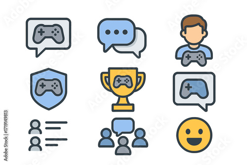 Gaming Community Icons. Flat icon set of gaming communities: forum icon, chat bubble, avatar, team logo,