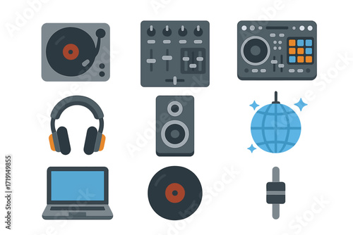 DJ Equipment Icons. Flat icon set of DJ equipment: turntable, mixer, DJ controller, headphones, speaker, disco