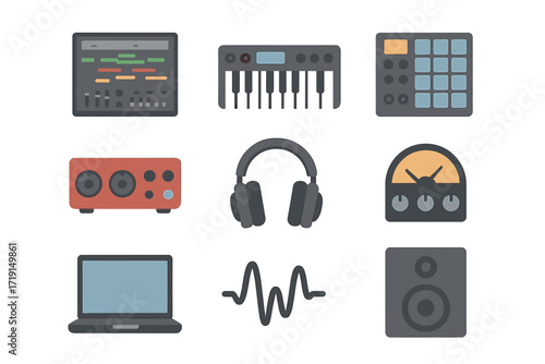 Music Production Icons. Flat icon set of modern music production: digital audio workstation screen, MIDI
