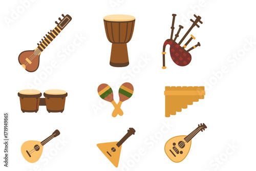 World Instruments Icons. Flat icon set of world instruments: sitar, djembe, shamisen, bagpipes, maracas, pan