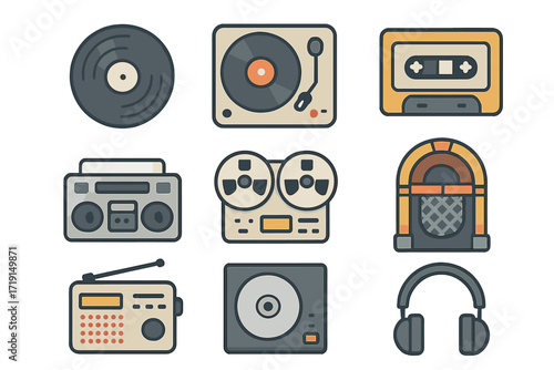 Retro Audio Icons. Flat icon set of vinyl & retro audio: vinyl record, record player, cassette tape, boombox,