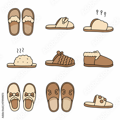 Collection of Warm and Cozy Home Slippers in Various Styles and Designs, Perfect for Comfort and Relaxation at Home, Cartoon Vector Illustration