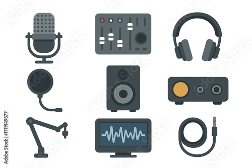 Audio Recording Gear Icons. Flat icon set of audio recording gear: studio microphone, audio mixer, headphones,