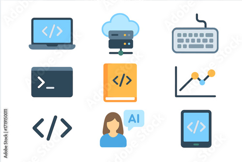 Coding Education Icons. Flat icon set of coding education: laptop with code, cloud server, keyboard, terminal