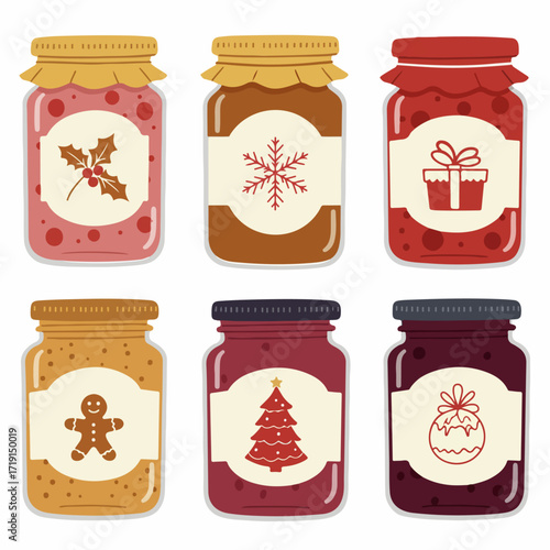 Collection of festive Christmas jam jars with holiday-themed labels, including holly, snowflakes, gingerbread, and Christmas trees, perfect for seasonal celebrations and gifts.
