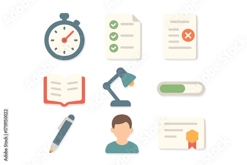 Test Prep Icons. Flat icon set of test preparation: stopwatch, checklist, practice test sheet, open book,