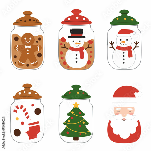 Cute Christmas Characters and Festive Elements in Jars with Santa Claus Illustration