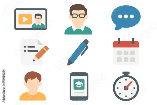 Online Tutoring Icons. Flat icon set of online tutoring: video call, teacher avatar, chat bubble, shared notes