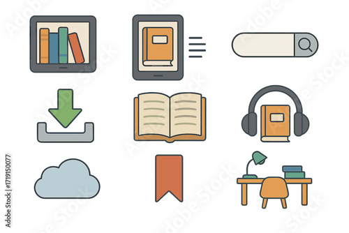 Digital Library Icons. Flat icon set of online libraries: digital bookshelf, e-book, search bar, download icon
