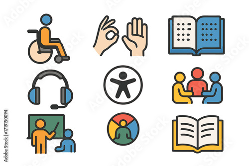 Inclusive Education Icons. Flat icon set of inclusive education: wheelchair, sign language hand, braille book,
