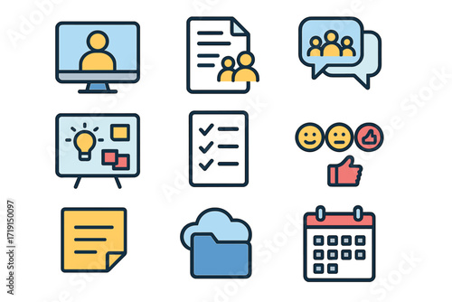 Virtual Collaboration Icons. Flat icon set of virtual collaboration: video call, shared document, group chat,