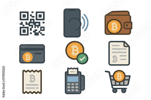 Crypto Payment Icons. Flat icon set of crypto payments: QR code, NFC phone, digital wallet, crypto card,
