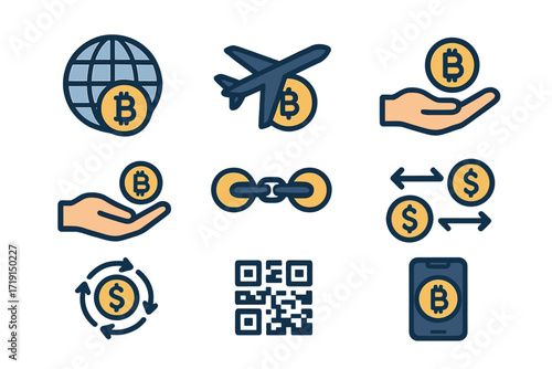 Crypto Transfer Icons. Flat icon set of cross-border crypto transfers: globe, airplane, sending hand,