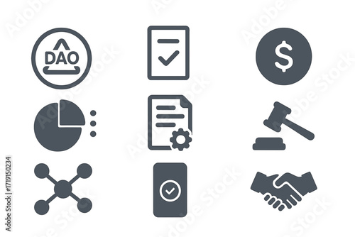 DAO Governance Icons. Flat icon set of DAOs & governance: DAO logo, voting ballot, token symbol, consensus