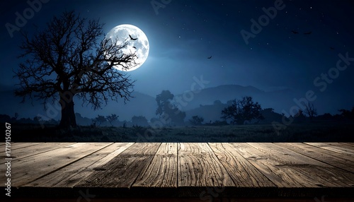 Empty wooden table at night, full moon