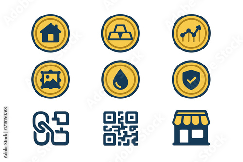 Tokenization Icon Set. Flat icon set of tokenization: real estate token, gold token, digital stock, art NFT,