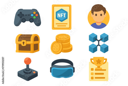 NFT Gaming Icons. Flat icon set of NFT gaming: gaming controller, NFT card, avatar, treasure chest, coin stack