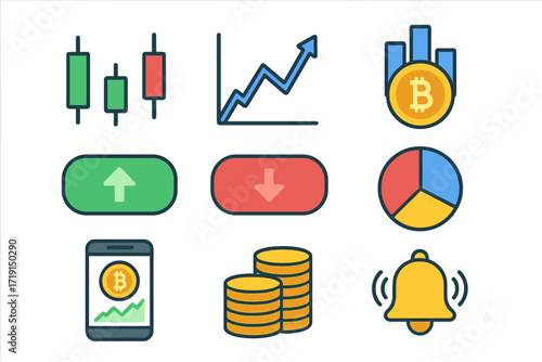 Crypto Trading Tools. Flat icon set of crypto trading tools: candlestick chart, line graph, market cap icon,