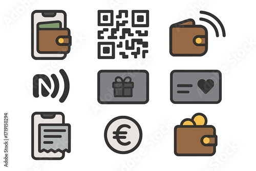 Digital Wallet Icons. Flat icon set of digital wallets: smartphone wallet app, QR code, contactless payment,