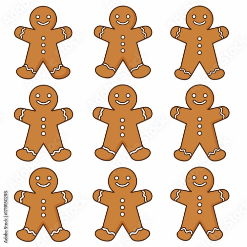 A cheerful grid of nine identical gingerbread men cookies, featuring simple cartoon illustrations with white icing details, perfect for holiday and baking themes.
