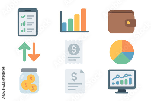 Expense Tracking Icons. Flat icon set of expense tracking: smartphone with list, bar chart, wallet, expense