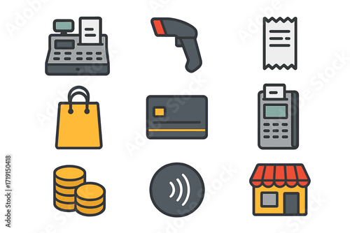 Point of Sale Icons. Flat icon set of point of sale systems: cash register, barcode scanner, receipt, shopping