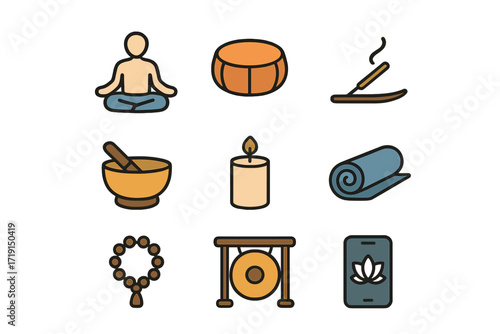 Meditation Icon Set. Flat icon set of meditation essentials: lotus pose, meditation cushion, incense stick,