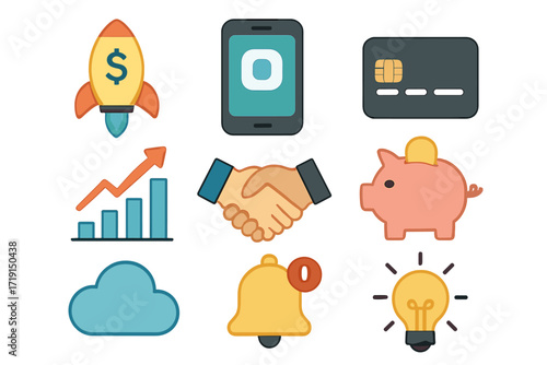 Fintech Startup Icons. Flat icon set of fintech startups: rocket with dollar sign, mobile app, credit card,