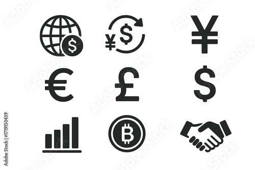 Global Finance Icons. Flat icon set of global finance: globe with dollar, currency exchange arrows, yen symbol