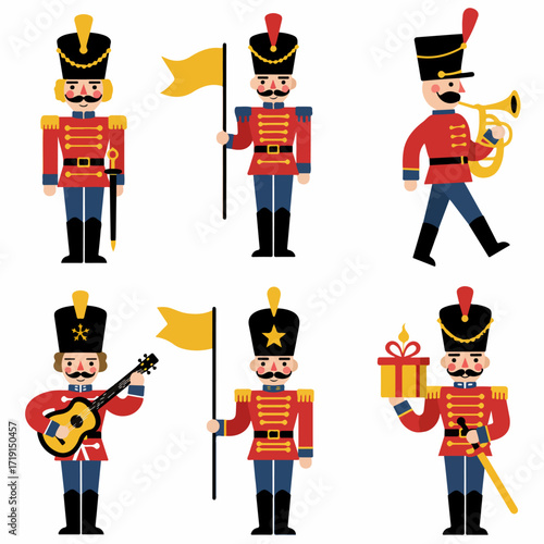 Festive collection of cartoon nutcracker soldiers in various poses and with different musical instruments and gifts, perfect for holiday cheer and children's themes.
