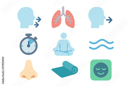 Breathing Exercise Icons. Flat icon set of breathing exercises: inhale symbol, exhale symbol, lungs, timer,