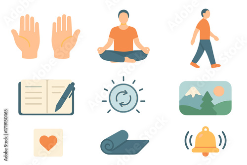 Mindfulness Icon Set. Flat icon set of mindfulness practice: open hands, meditation pose, mindful walking,