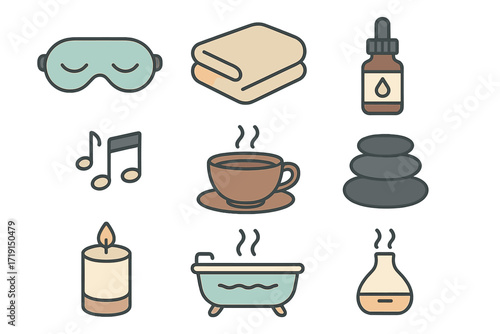 Relaxation Tools Icons. Flat icon set of relaxation tools: eye mask, blanket, aromatherapy oil, soft music,