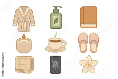 Daily Self-Care Icons. Flat icon set of daily self-care: bathrobe, skincare bottle, book, candle, tea cup,