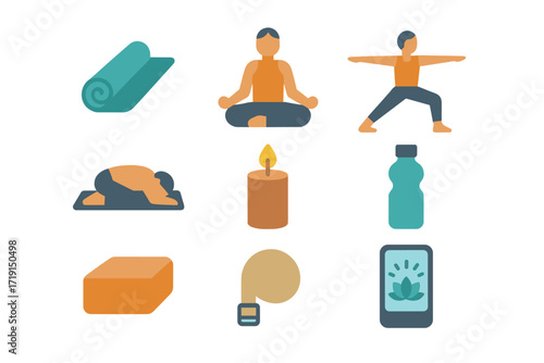 Yoga Icon Set. Flat icon set of yoga for mental health: yoga mat, lotus pose, warrior pose, child’s pose,