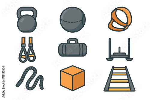 Functional Training Icons. Flat icon set of functional training: kettlebell, medicine ball, resistance band,