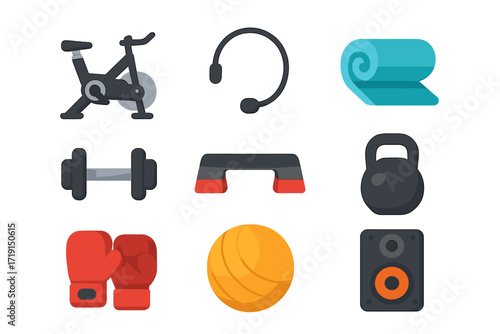 Group Fitness Icons. Flat icon set of group fitness: spinning bike, instructor mic, yoga mat, dumbbell,