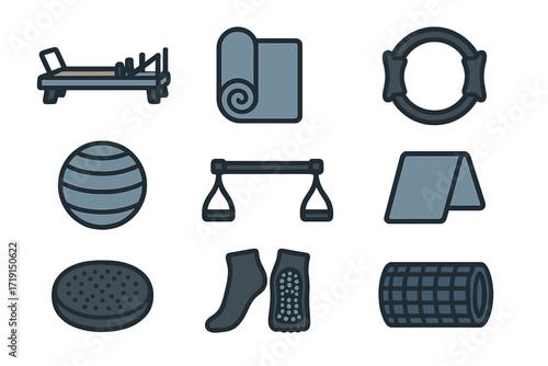 Pilates Equipment Icons. Flat icon set of pilates practice: pilates reformer, yoga mat, resistance ring,